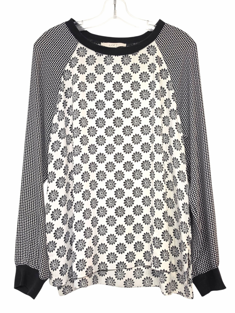 LOFT Black White Floral Mixed Print Blouse Scoop Neck Split Hem Large